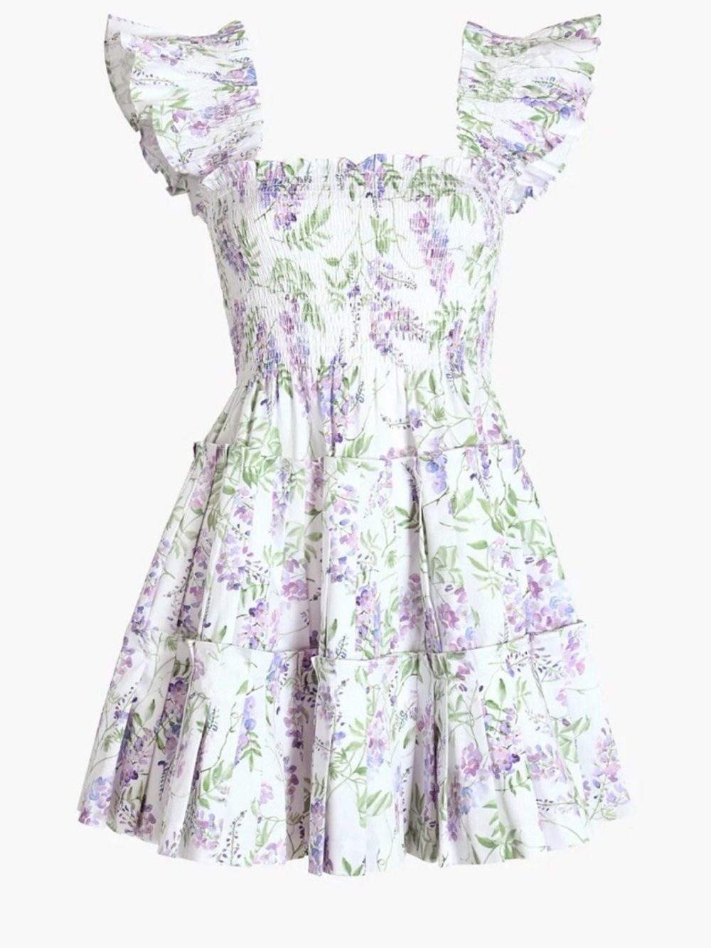 Hill House Floral Smocked Mini Dress in White, Lavender & Green